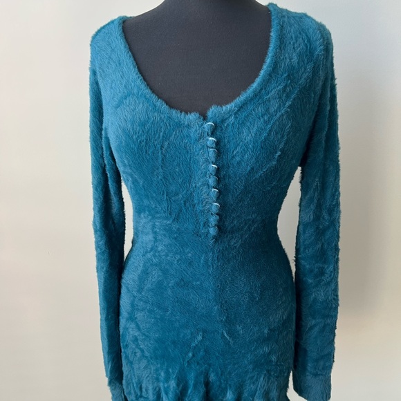 UO Piper Scoop Neck Fuzzy Romper in Teal - Picture 3 of 5